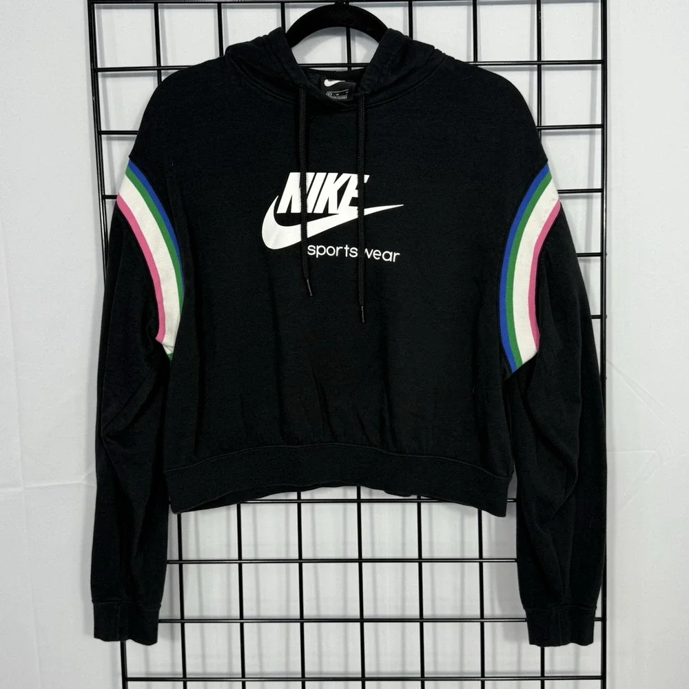 NIKE Heritage Cropped Hoodie Womens Medium M Black Pullover Rainbow‎ Athleisure